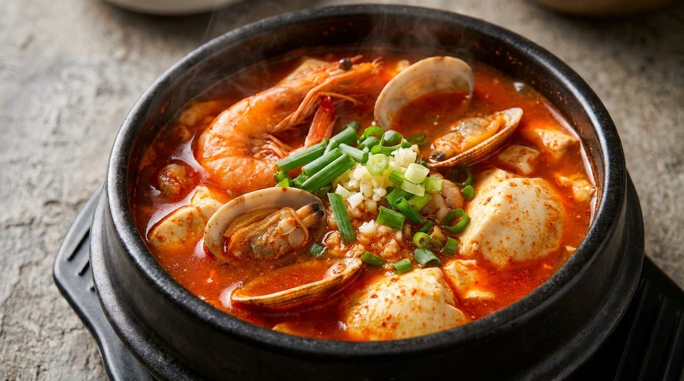 Zuppa Coreana di Tofu Tenero ai Frutti di Mare (Sundubu-jjigae)
