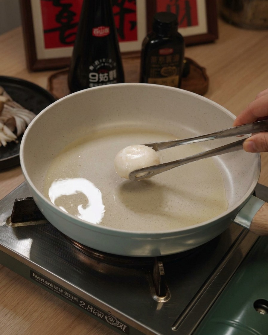 Una pinza da cucina in metallo posiziona una cappella di fungo fresco a testa in giù in una padella leggermente oliata