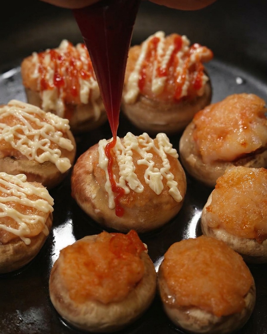 Ketchup rosso spremuto da una sac à poche sopra i funghi già guarniti con la maionese bianca