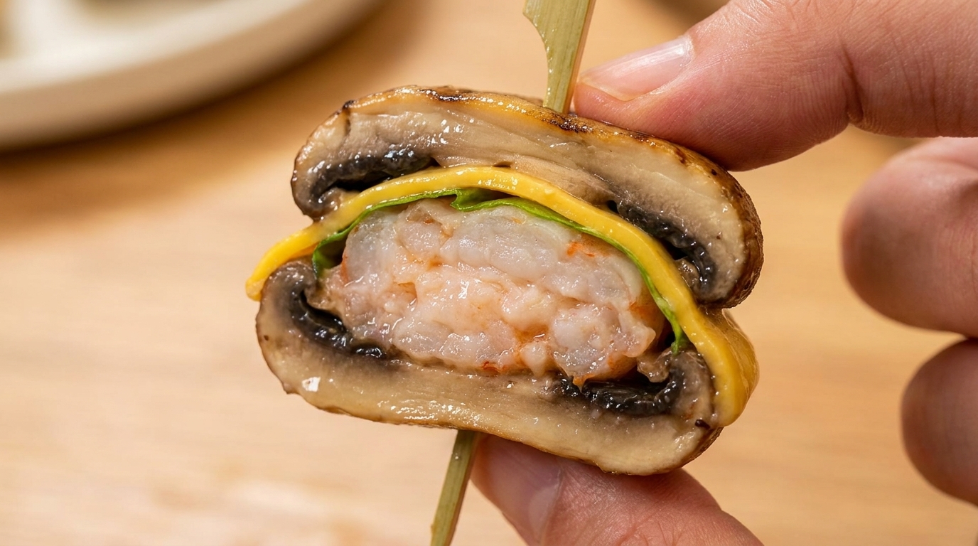 Mini Burger di Funghi Succulenti Ripieni di Pasta di Gamberi
