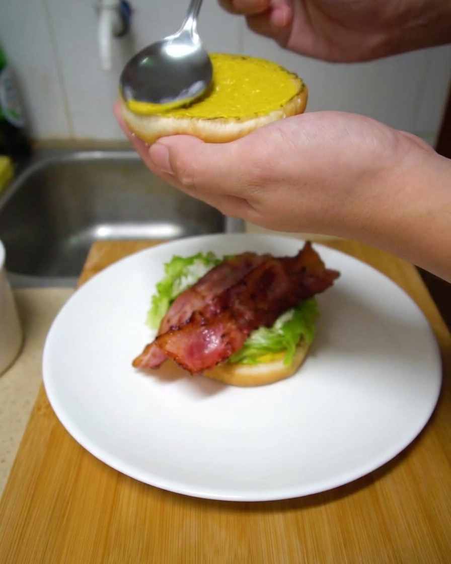 Una persona che usa un cucchiaio per spalmare la senape gialla allinterno della parte superiore del panino tostato.