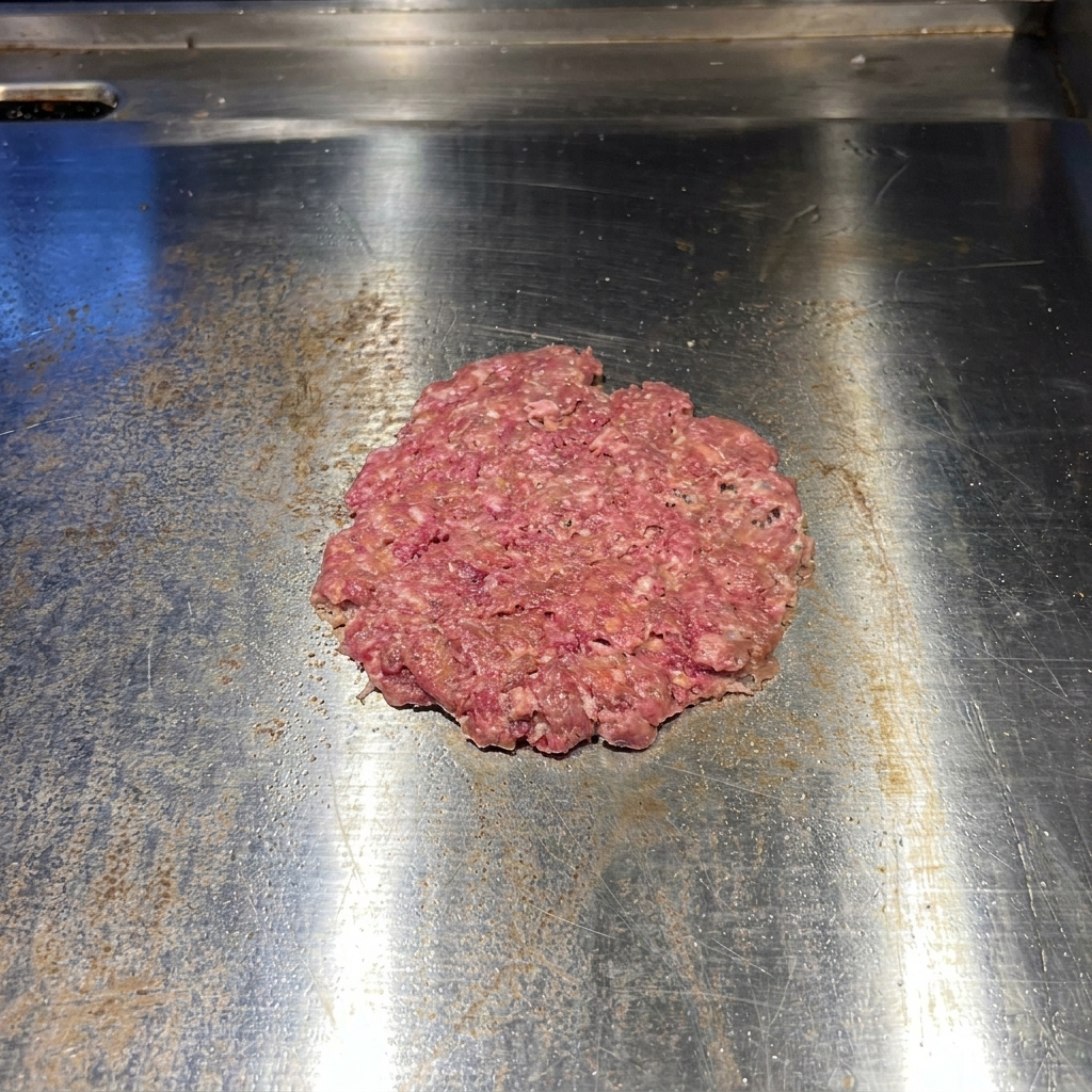 Un patty di manzo crudo e schiacciato sulla piastra, condito con grani visibili di sale e pepe nero.