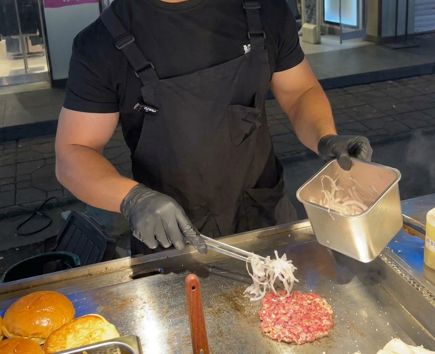 Uno chef usa delle pinze metalliche per disporre fette sottili di cipolla rossa sulla piastra calda accanto a un patty di manzo in cottura.