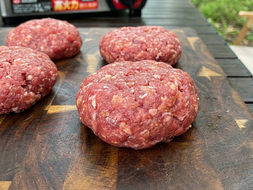 Quattro spessi dischi di carne cruda disposti su un tagliere di legno allaperto.