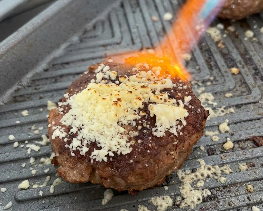 Un hamburger sulla piastra calda viene fiammeggiato con un cannello per sciogliere una montagna di formaggio grattugiato.