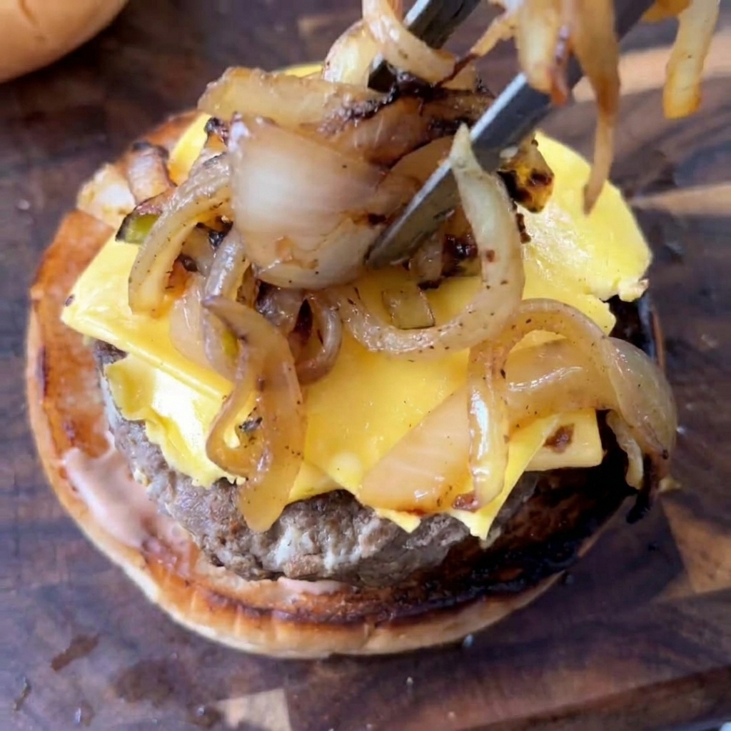 Una pinza posiziona una porzione di cipolle caramellate marroni sullhamburger ricoperto di formaggio.
