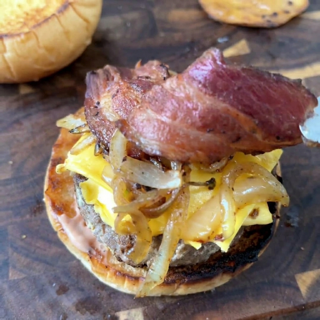 Strisce croccanti di bacon cotto vengono posizionate sopra le cipolle durante la composizione del panino.