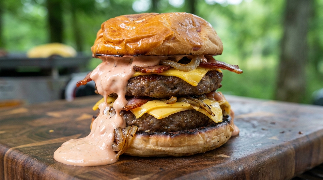 Doppio Cheeseburger all'Aperto con Salsa Rosa Speciale