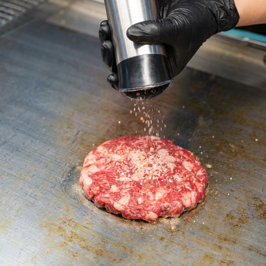 Dettaglio di sale e pepe nero macinati da un macinino elettrico su un tortino di carne cruda che cuoce sulla piastra.