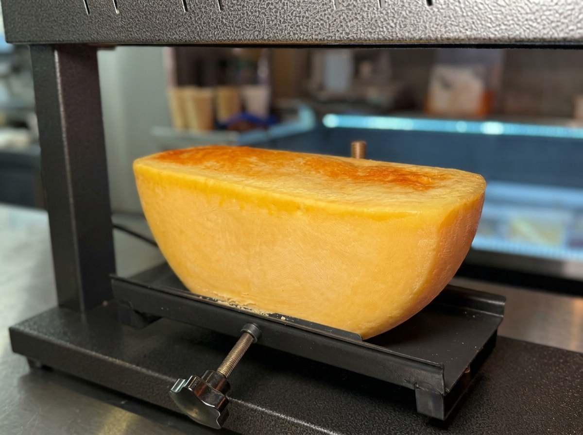 Primo piano della superficie di una forma di formaggio che diventa bollente e dorata sotto unintensa fonte di calore.