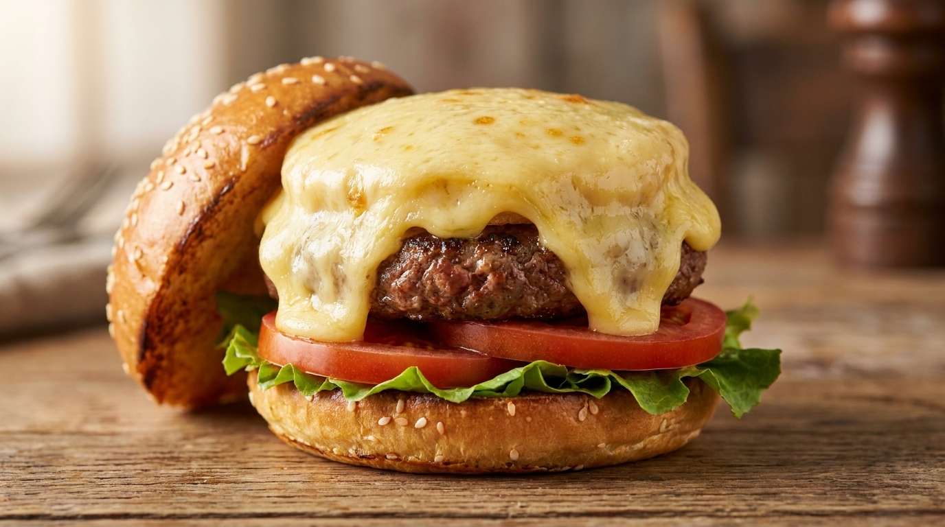 Gourmet Burger con Manzo e Ruota di Formaggio Raclette Fuso