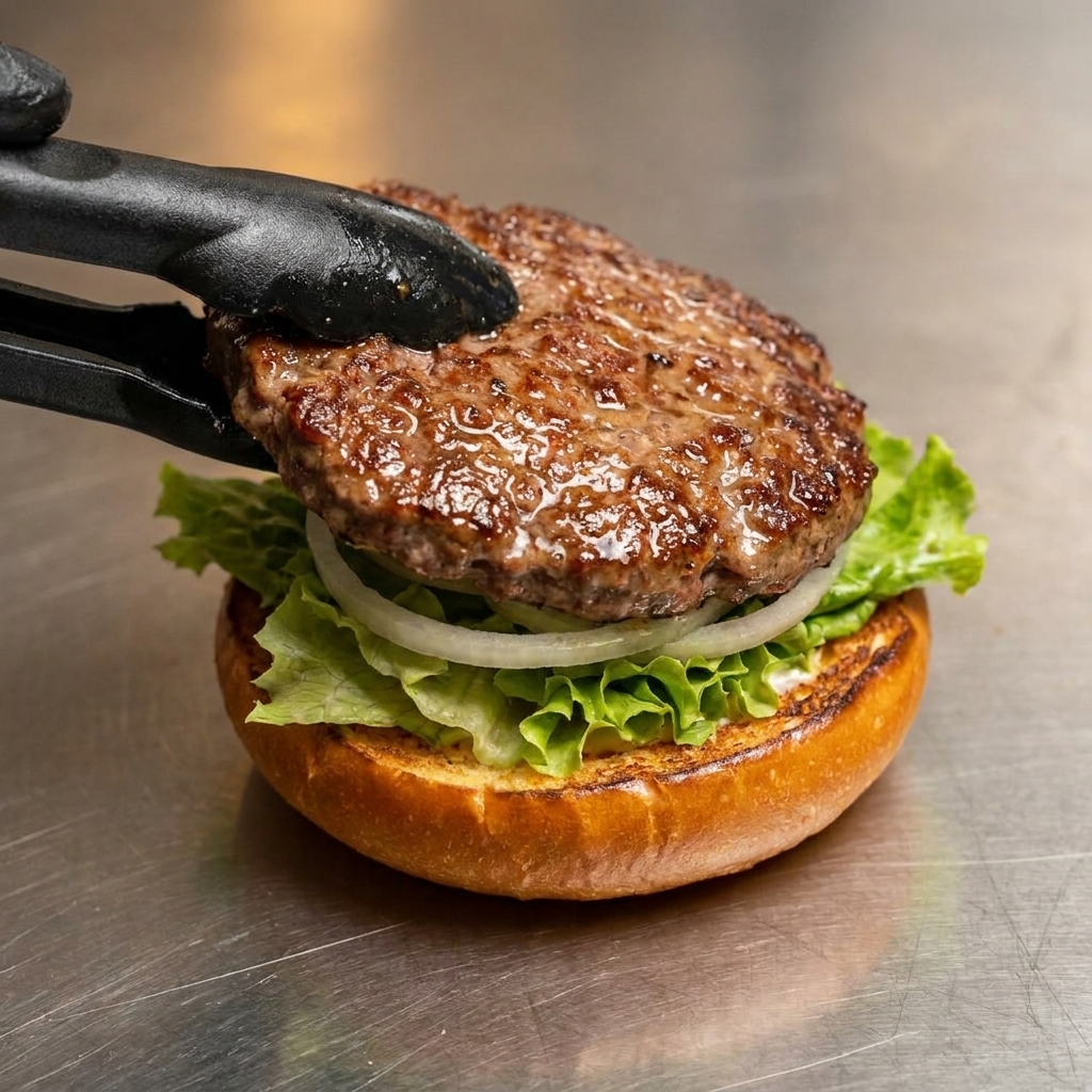 Delle pinze che posizionano un succoso tortino di manzo ben cotto su un panino da burger preparato con foglie di lattuga e fette di cipolla.