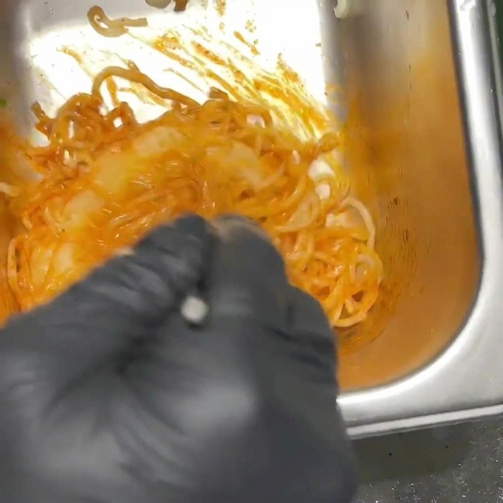 Noodle ramen dallaspetto piccante e arancione che vengono mescolati in un contenitore di metallo da una persona con guanti neri.