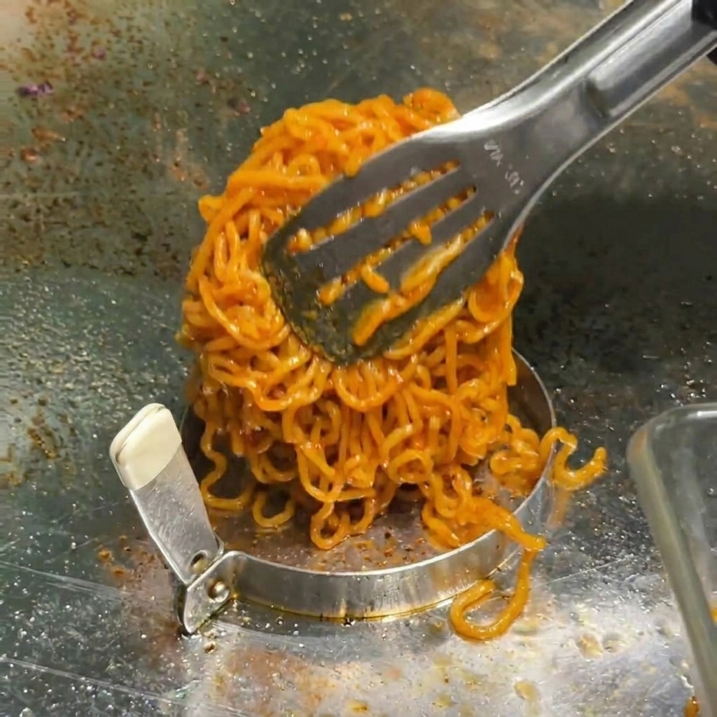 Noodle di culoare rosso piccante inseriti allinterno di un coppapasta circolare in acciaio inossidabile su una piastra liscia.