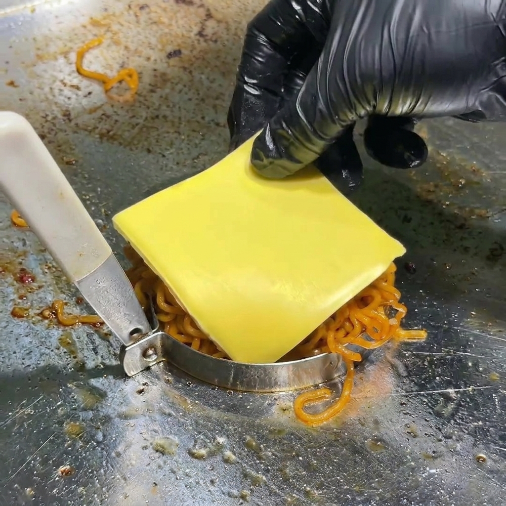 Una mano con un guanto che posiziona una fetta di formaggio cheddar giallo su un nido di noodle piccanti fumanti racchiusi in un anello metallico sulla piastra.