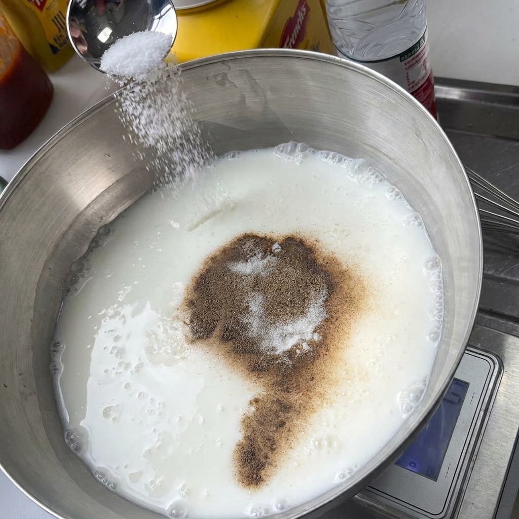 Un cucchiaio di sale bianco aggiunto a una ciotola di metallo con yogurt e una miscela di spezie marroni.
