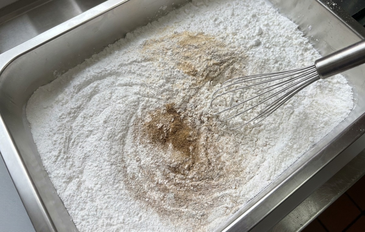 Una frusta da cucina che mescola aglio in polvere e pepe in un vassoio con amido di mais e farina di riso glutinoso.