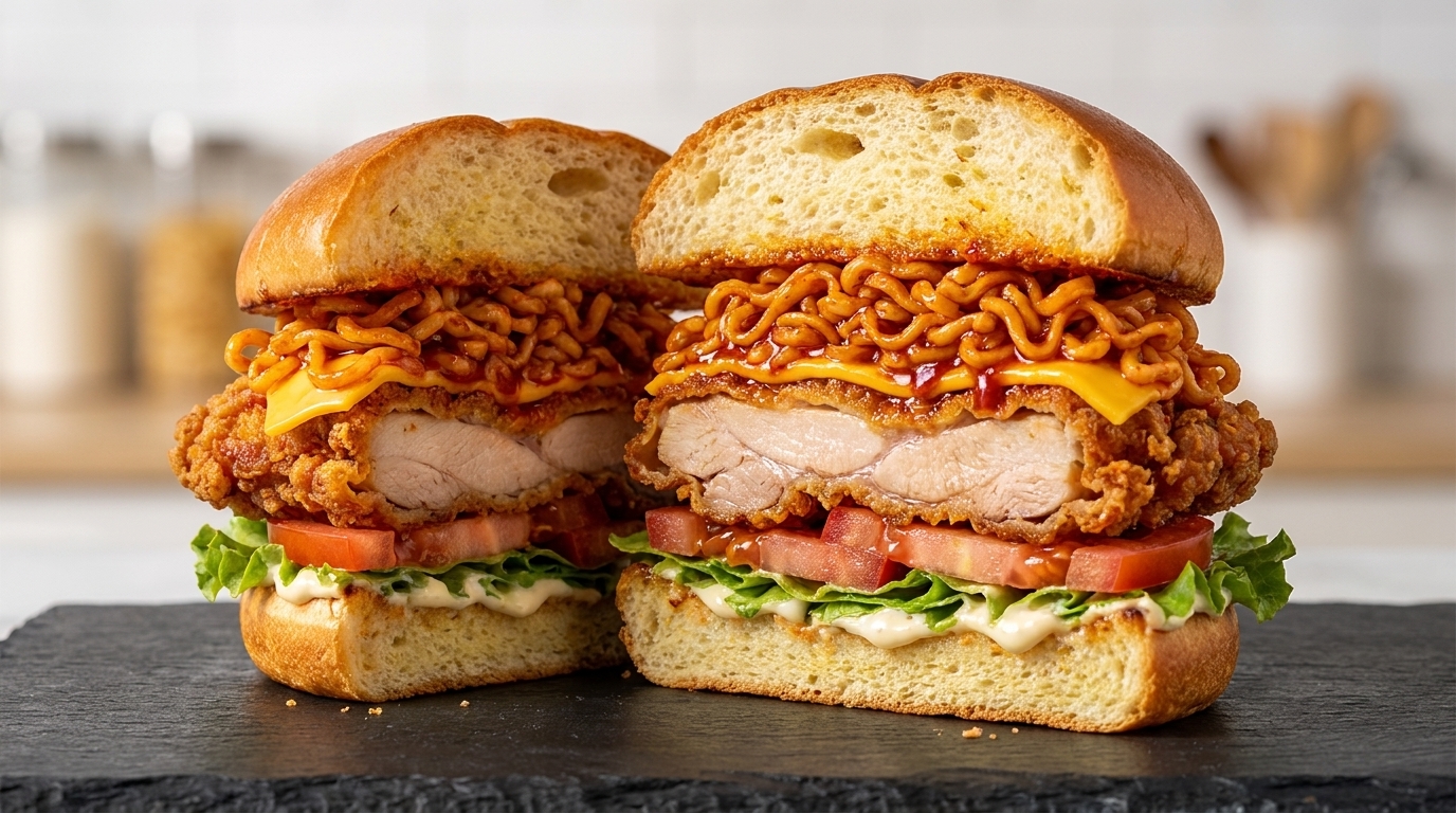 Burger di Pollo Fritto Piccante con Noodle Buldak