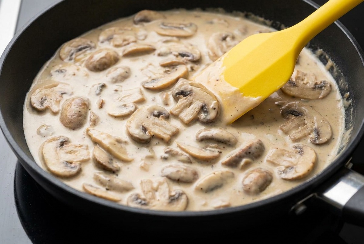 Una spatola gialla che mescola una salsa cremosa ai funghi mentre sobbolle creando delle bollicine in una padella nera.
