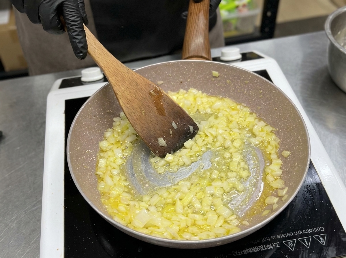 Una spatola di legno mescola cipolle a dadini e aglio in una padella finché non appaiono morbidi e traslucidi.