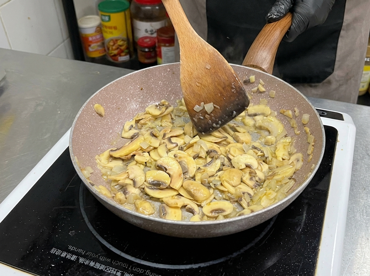 Funghi affettati e cipolle saltati in padella con una spatola di legno, con una visibile doratura e riduzione del volume.