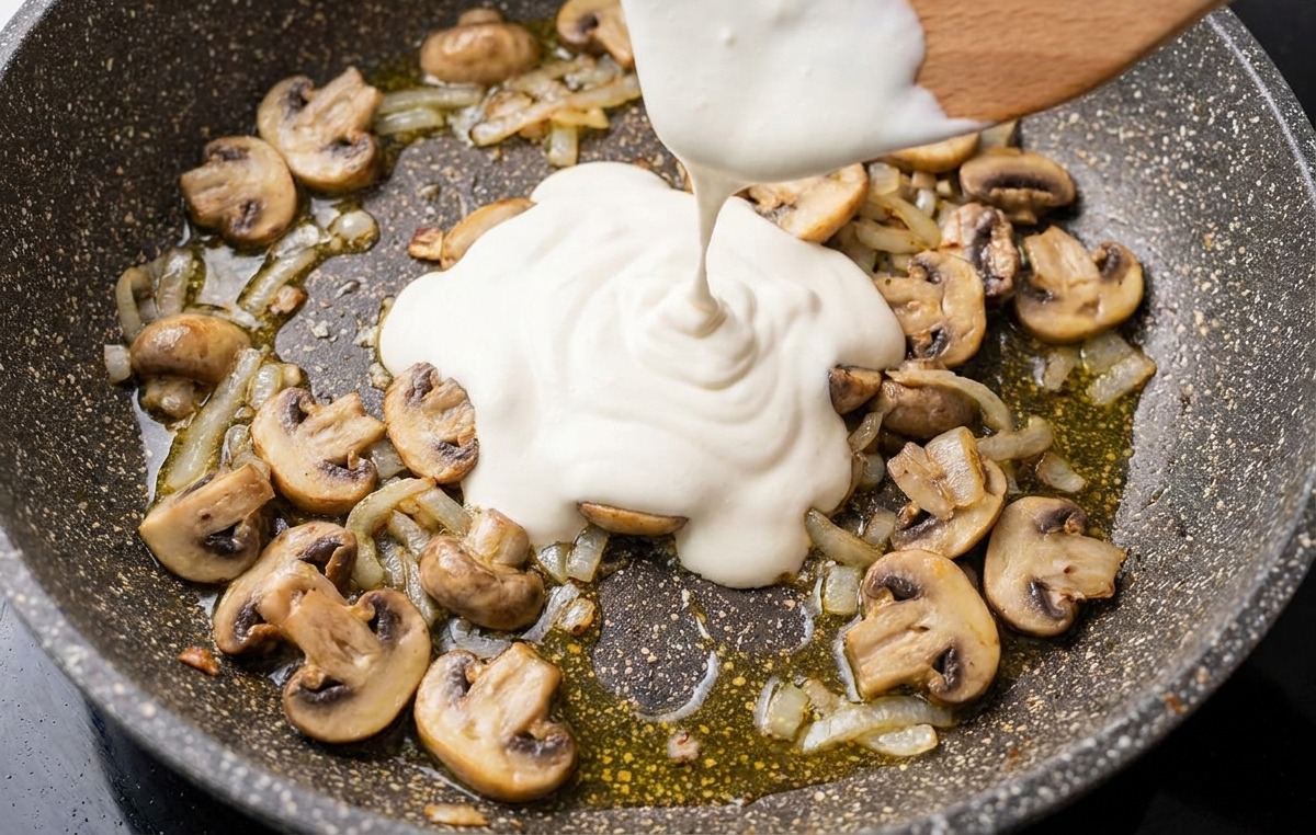 Panna fresca liquida bianca e densa versata da una spatola in una padella contenente funghi dorati e cipolle.