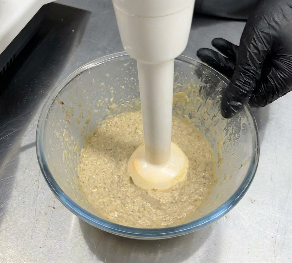 Un frullatore a immersione bianco utilizzato in una ciotola di vetro trasparente per ridurre in purea un composto di funghi e panna cotto in una salsa liscia.