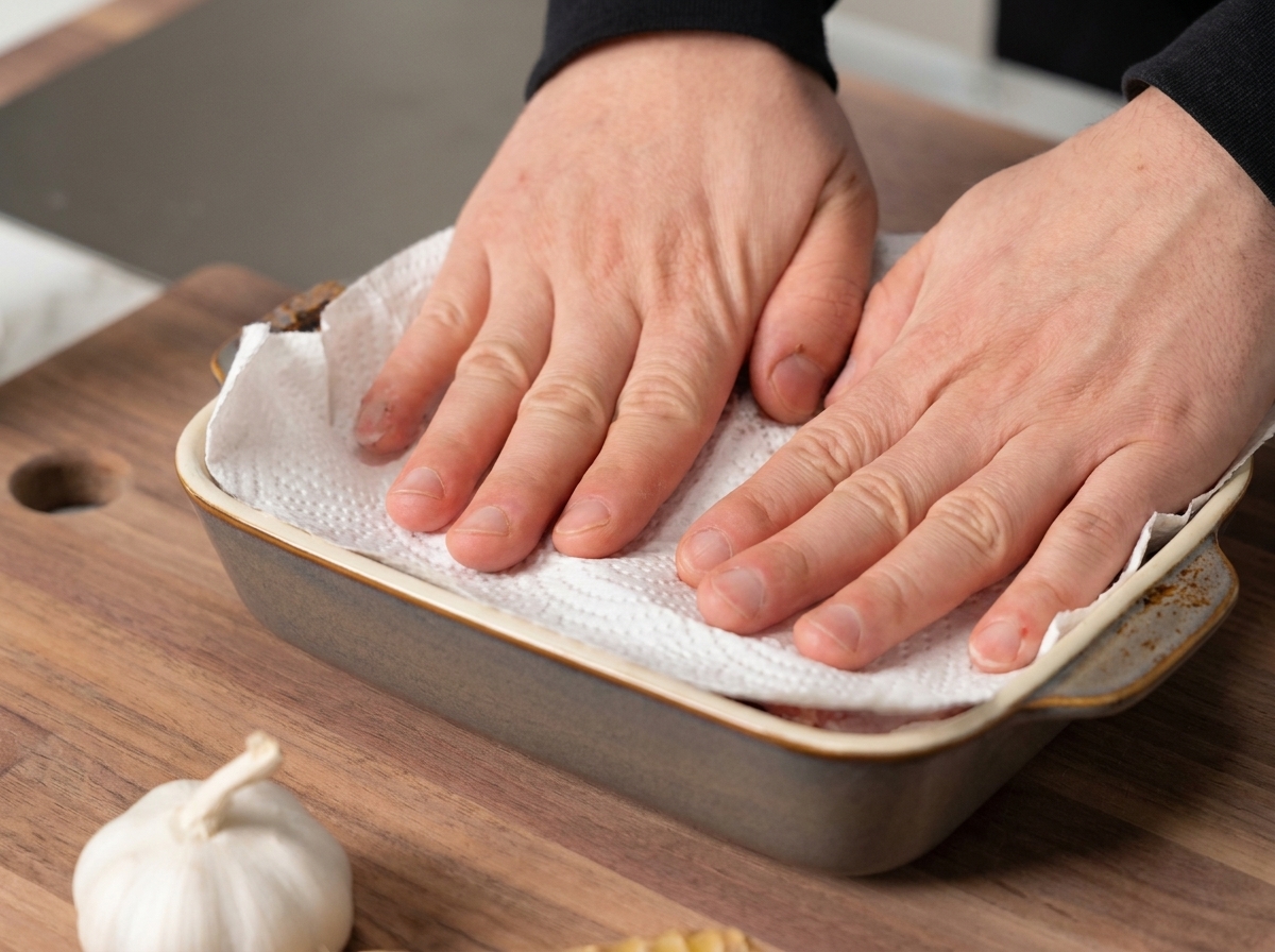 Mani che premono fogli di carta assorbente bianca su costine di maiale pulite disposte in una pirofila rettangolare in ceramica.