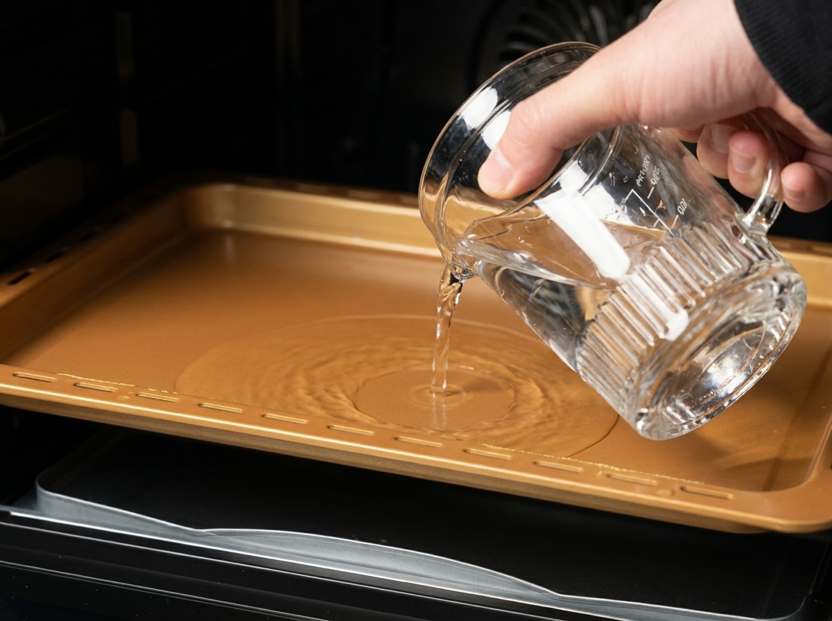 Una mano versa acqua da un misurino di vetro in una teglia dorata bassa posizionata allinterno del forno.