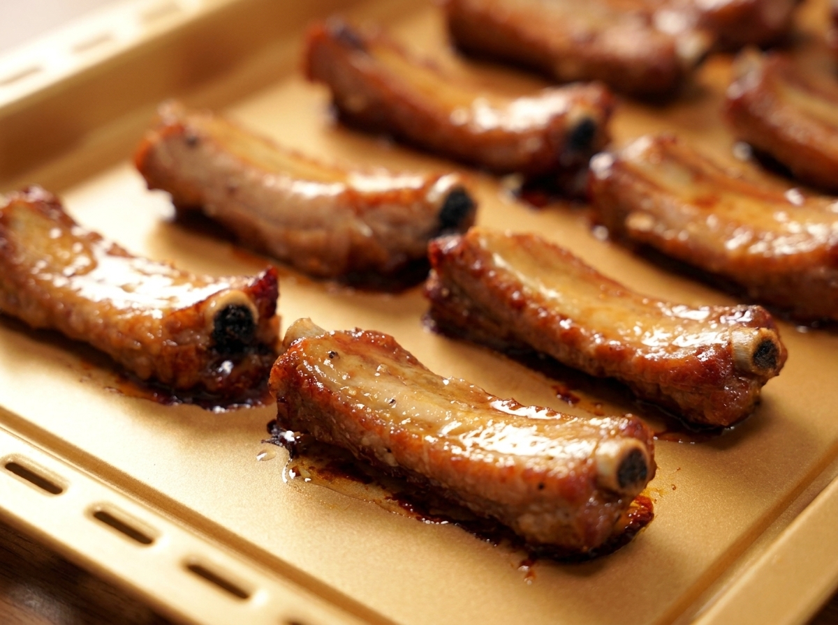 Una teglia di costine di maiale parzialmente cotte e dorate, disposte con cura dopo essere state girate.