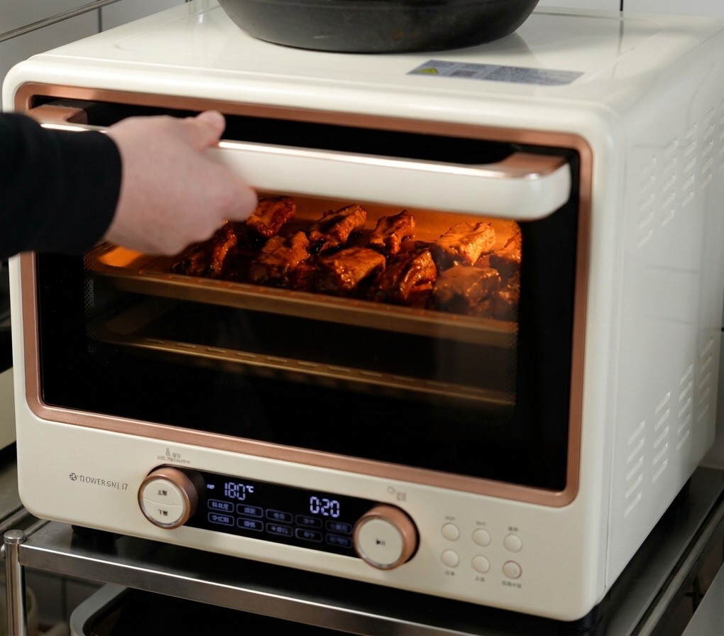 Vista attraverso lo sportello del forno che mostra le costine di maiale che sfrigolano sulla teglia fino a diventare ben dorate.