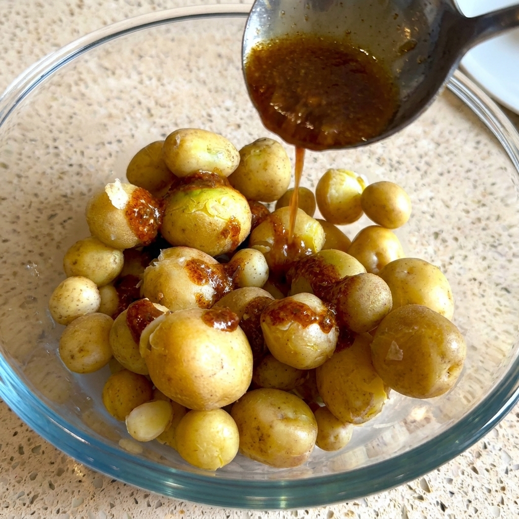 Un cucchiaio versa una marinata rosso-bruna su una ciotola colma di piccole patate novelle gialle sbollentate.