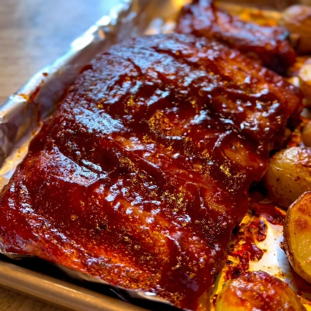 Primo piano di un pennello da cucina che stende una densa salsa BBQ scura su una teglia di costine già cotte al forno.
