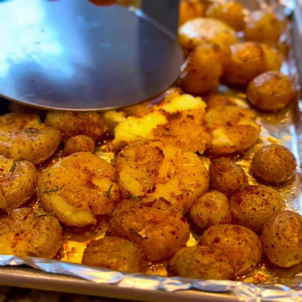 Una mano usa uno schiacciapatate rotondo in metallo per appiattire patate dorate su una teglia dargento.