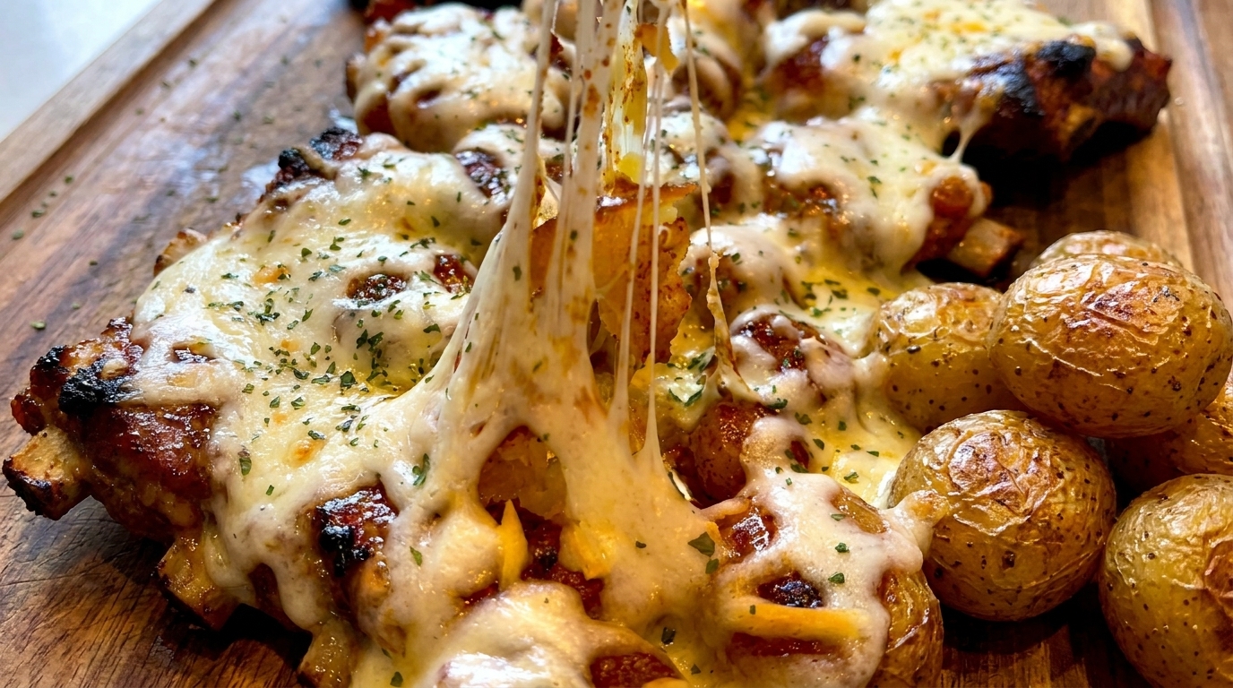 Costine al Formaggio Stile Kansas con Patate Schiacciate al Forno