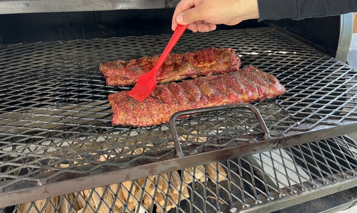 Un pennello da cucina rosso viene utilizzato per applicare la salsa su due grandi rack di costine in cottura sulle griglie di un affumicatore a legna.