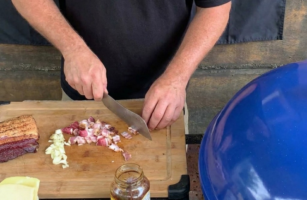 Una persona usa un grande coltello da chef per tagliare a dadini fette spesse di bacon e cipolle bianche su un tagliere di legno.