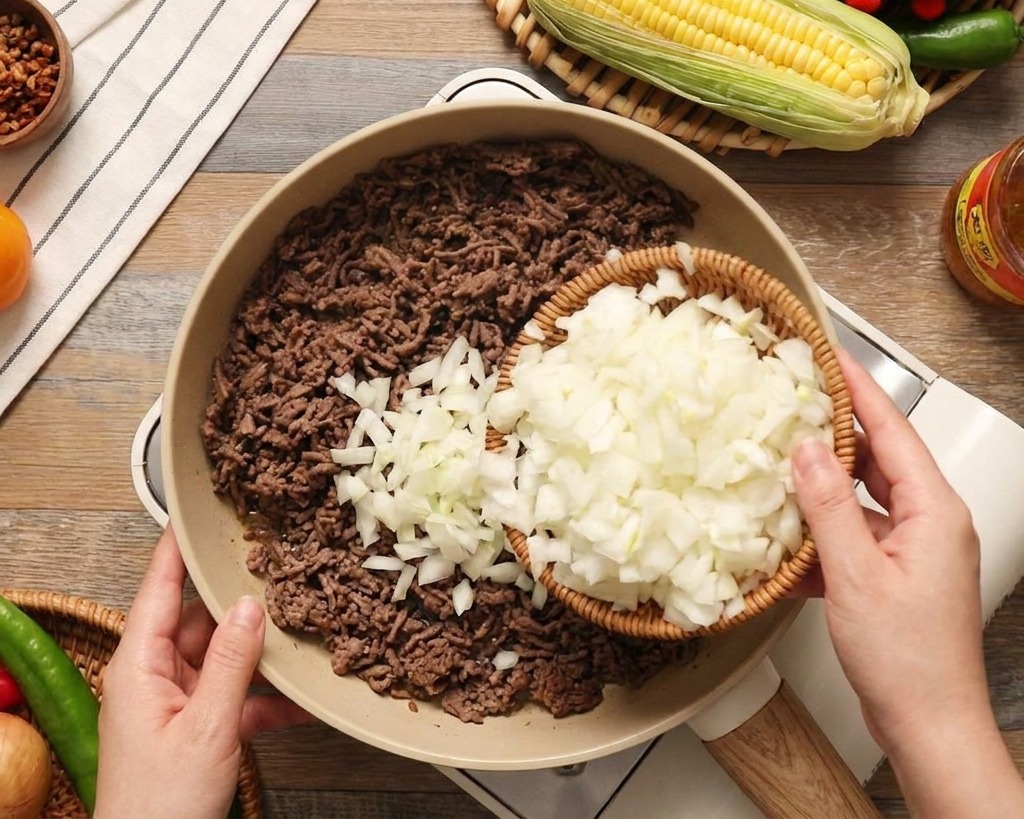 Cipolle bianche a dadini versate da un piccolo cestino in una padella con la carne macinata in rosolatura.