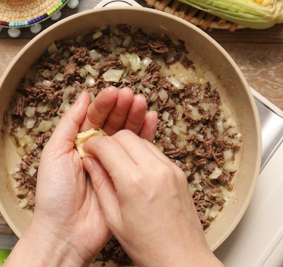 Una mano aggiunge uno spicchio daglio a una padella con carne macinata rosolata e cipolle tritate.
