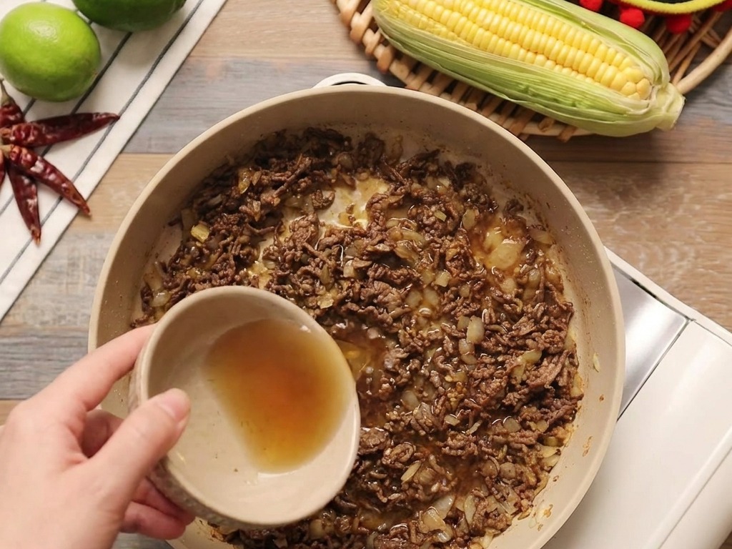 Del liquido viene versato da una ciotolina in una padella contenente carne macinata speziata e cipolle.