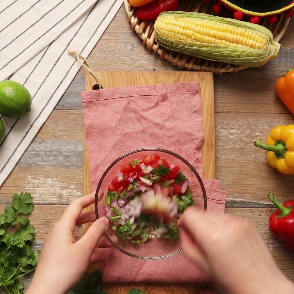 Inquadratura ravvicinata di una mano che usa un cucchiaio per mescolare una salsa fresca fatta di pomodori a cubetti, cipolle e coriandolo in una ciotola trasparente.