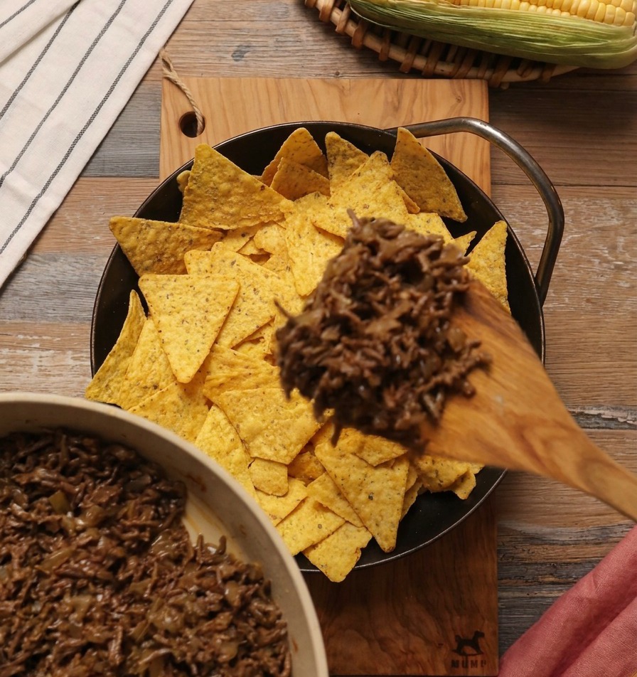 Un cucchiaio di legno distribuisce un denso e saporito sugo di carne macinata sopra uno strato di chips di mais gialle in una padella nera.