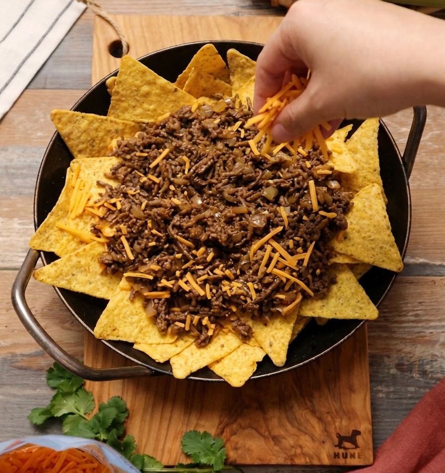 Una mano cosparge una generosa quantità di formaggio grattugiato arancione e bianco su una padella di nachos con carne.