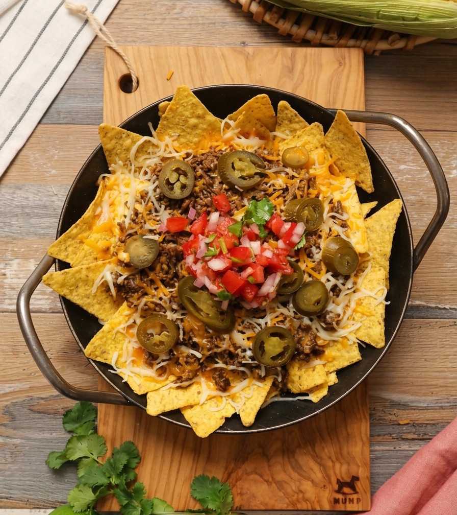 Una ripresa dallalto di una padella di nachos al formaggio fuso guarniti con una vivace salsa rossa di pomodoro e cipolla.