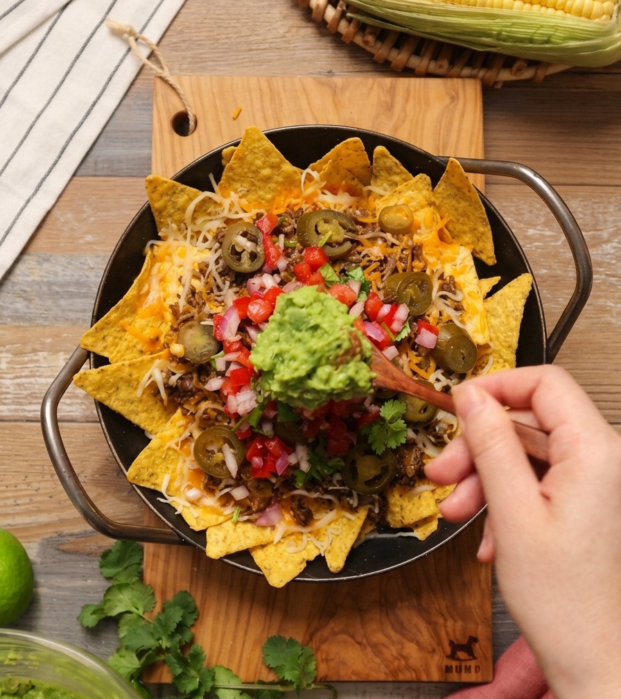 Un cucchiaio di legno posiziona una generosa porzione di guacamole verde sopra la salsa al centro di un piatto di nachos.