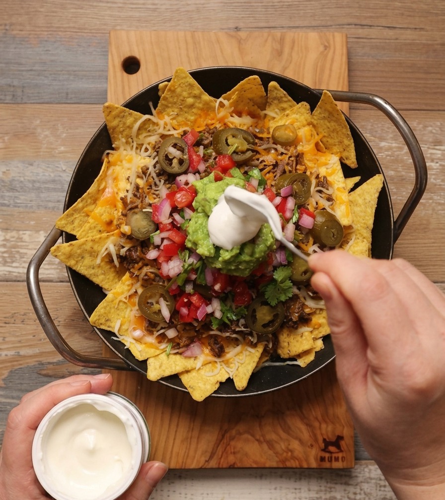 Un cucchiaio aggiunge una porzione bianca di panna acida sopra il guacamole su una padella di nachos con carne.