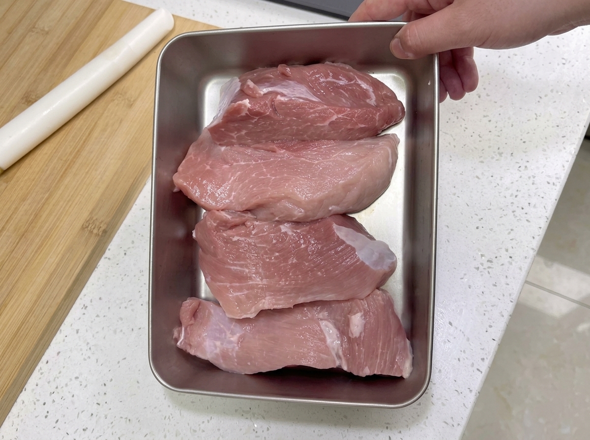 Diversi pezzi grandi di carne di coscia di maiale magra e rosata, disposti ordinatamente su un vassoio di acciaio inossidabile.