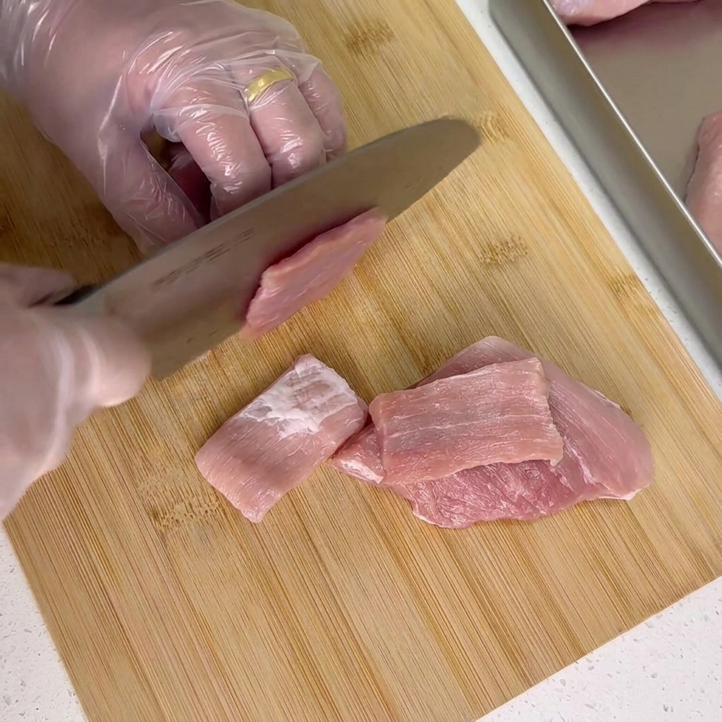 Uno chef che usa una mannaia di acciaio per tagliare fettine sottili e uniformi di maiale crudo su un tagliere di legno.