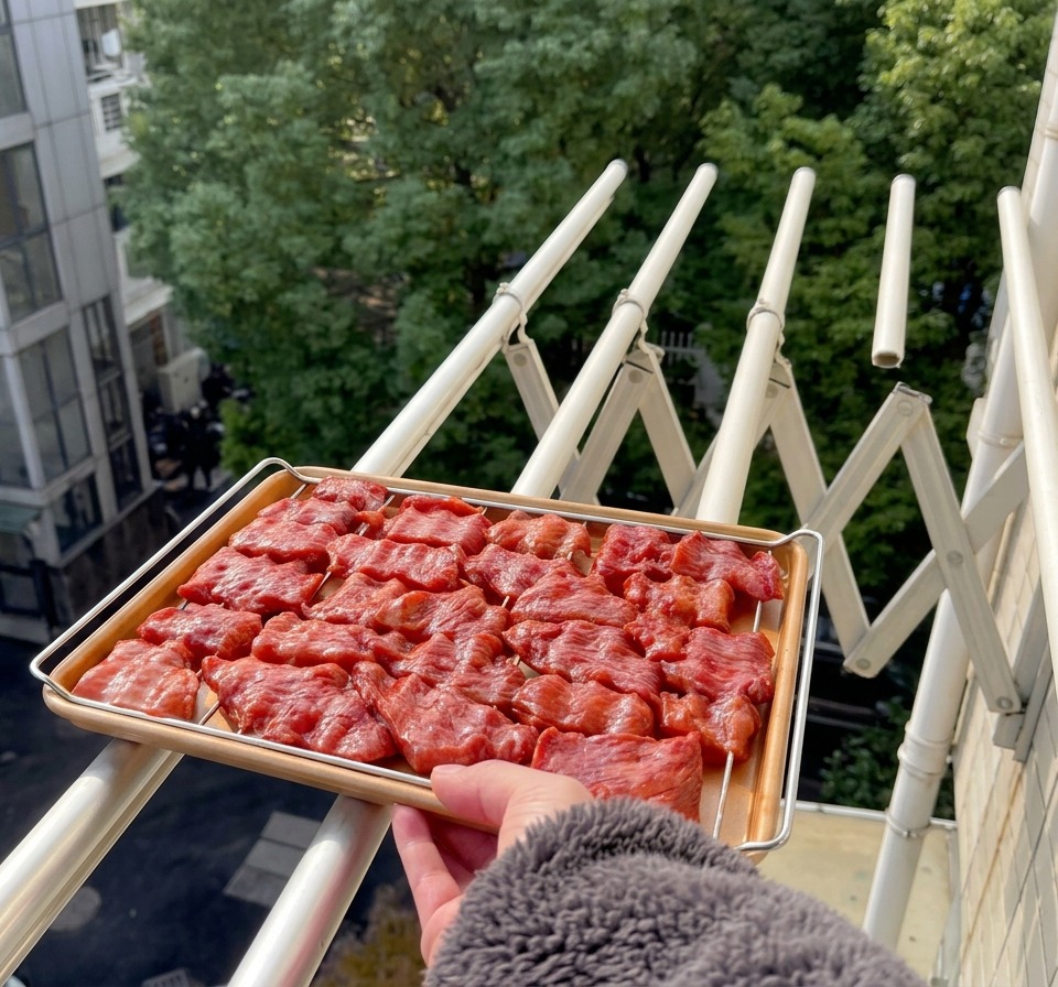 Un vassoio a griglia pieno di fette di maiale rosso tenuto sulla ringhiera di un balcone con una strada di città e alberi verdi sullo sfondo.