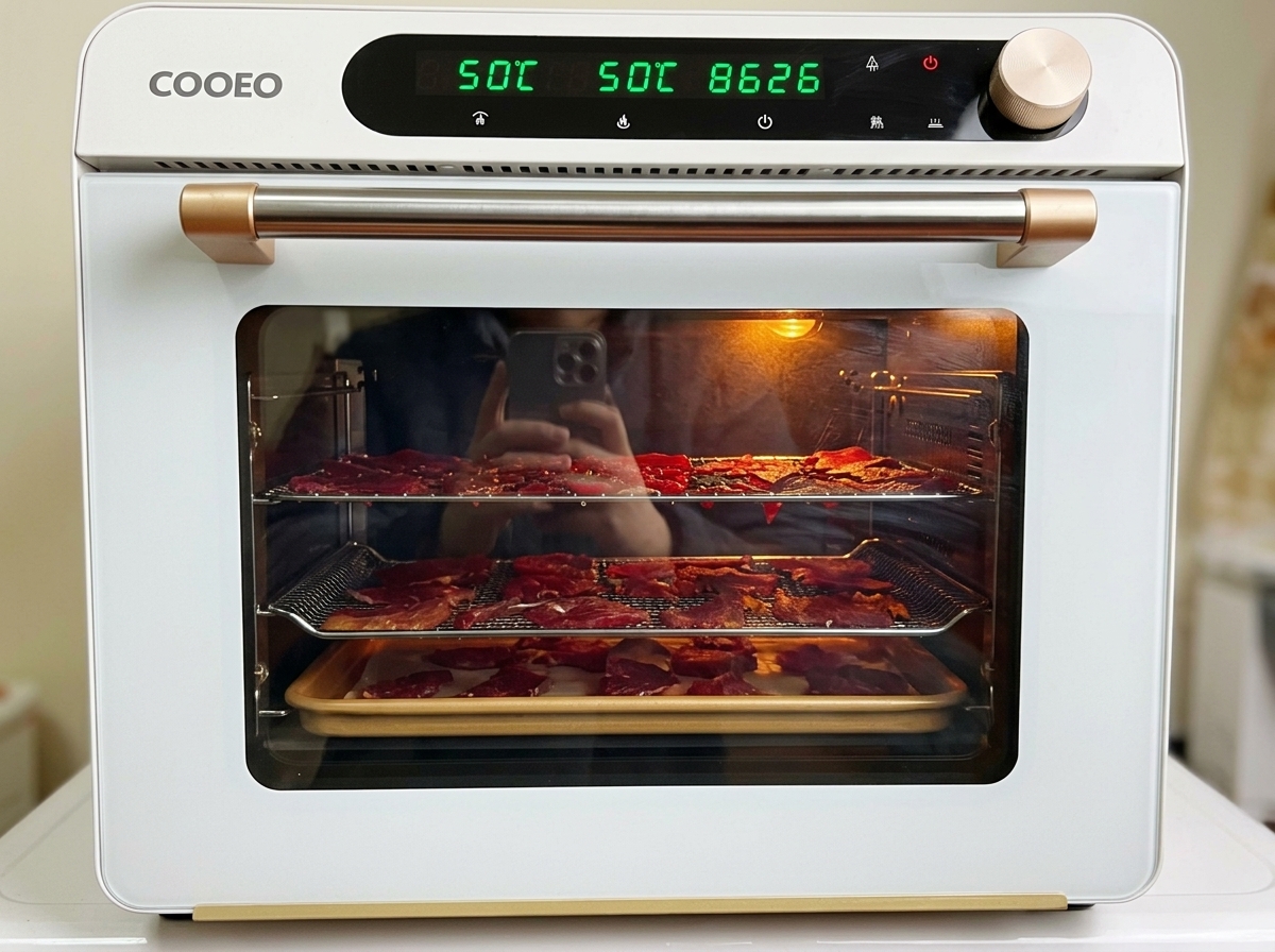 Fette di maiale marinato disposte su griglie allinterno di un moderno forno da banco bianco, con luce accesa e display impostato su 50°C.